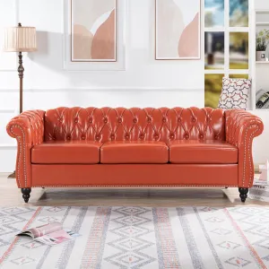 84" Leather Chesterfield Sofas for Living Room, Rolled Arm 3-Seater Large Couch Deep Button Nailhead Tufted Upholstered Couches for Bedroom, Office Apartment Easy to Assemble (Orange)