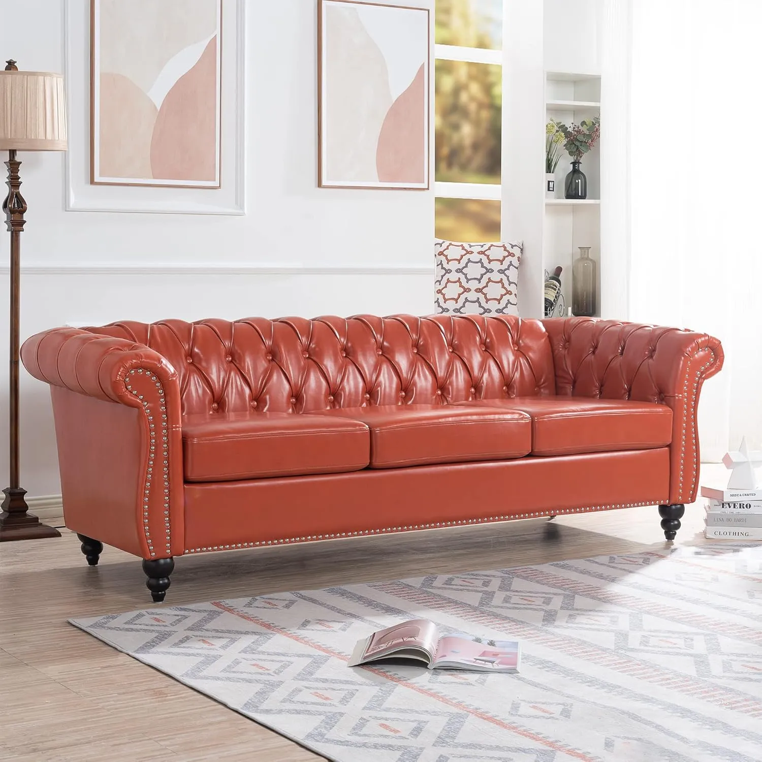 84" Leather Chesterfield Sofas for Living Room, Rolled Arm 3-Seater Large Couch Deep Button Nailhead Tufted Upholstered Couches for Bedroom, Office Apartment Easy to Assemble (Orange)