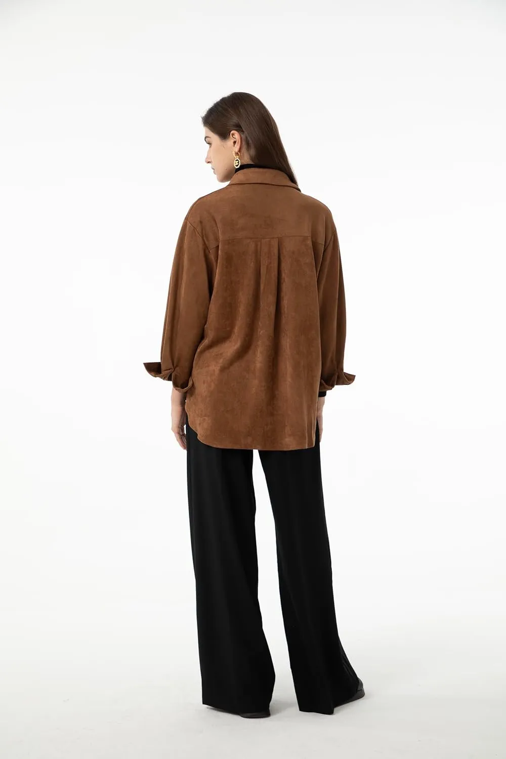 Ababalaya Women Super Soft Button Down Suede Shirt Long Sleeve Blouse Top