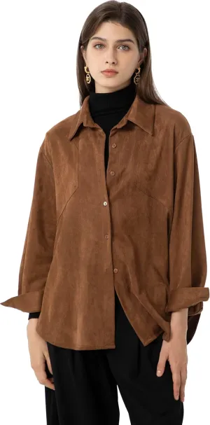 Ababalaya Women Super Soft Button Down Suede Shirt Long Sleeve Blouse Top