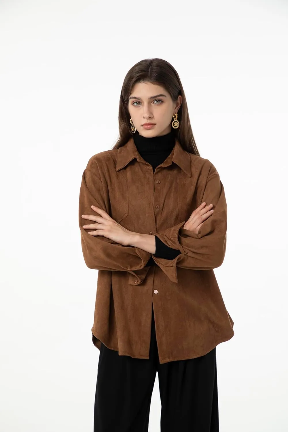 Ababalaya Women Super Soft Button Down Suede Shirt Long Sleeve Blouse Top