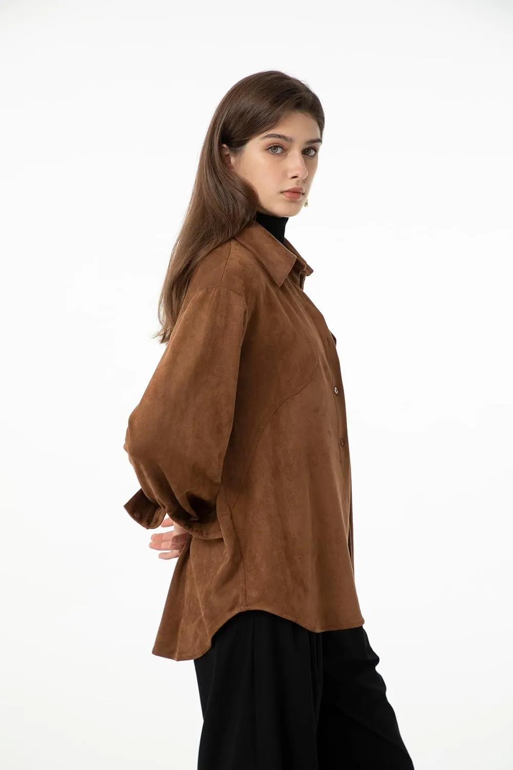 Ababalaya Women Super Soft Button Down Suede Shirt Long Sleeve Blouse Top