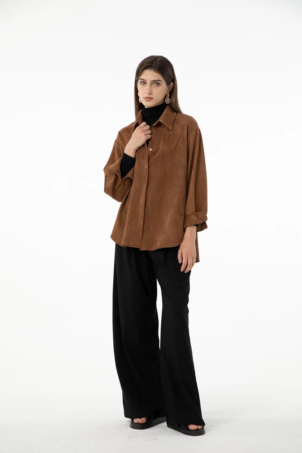 Ababalaya Women Super Soft Button Down Suede Shirt Long Sleeve Blouse Top