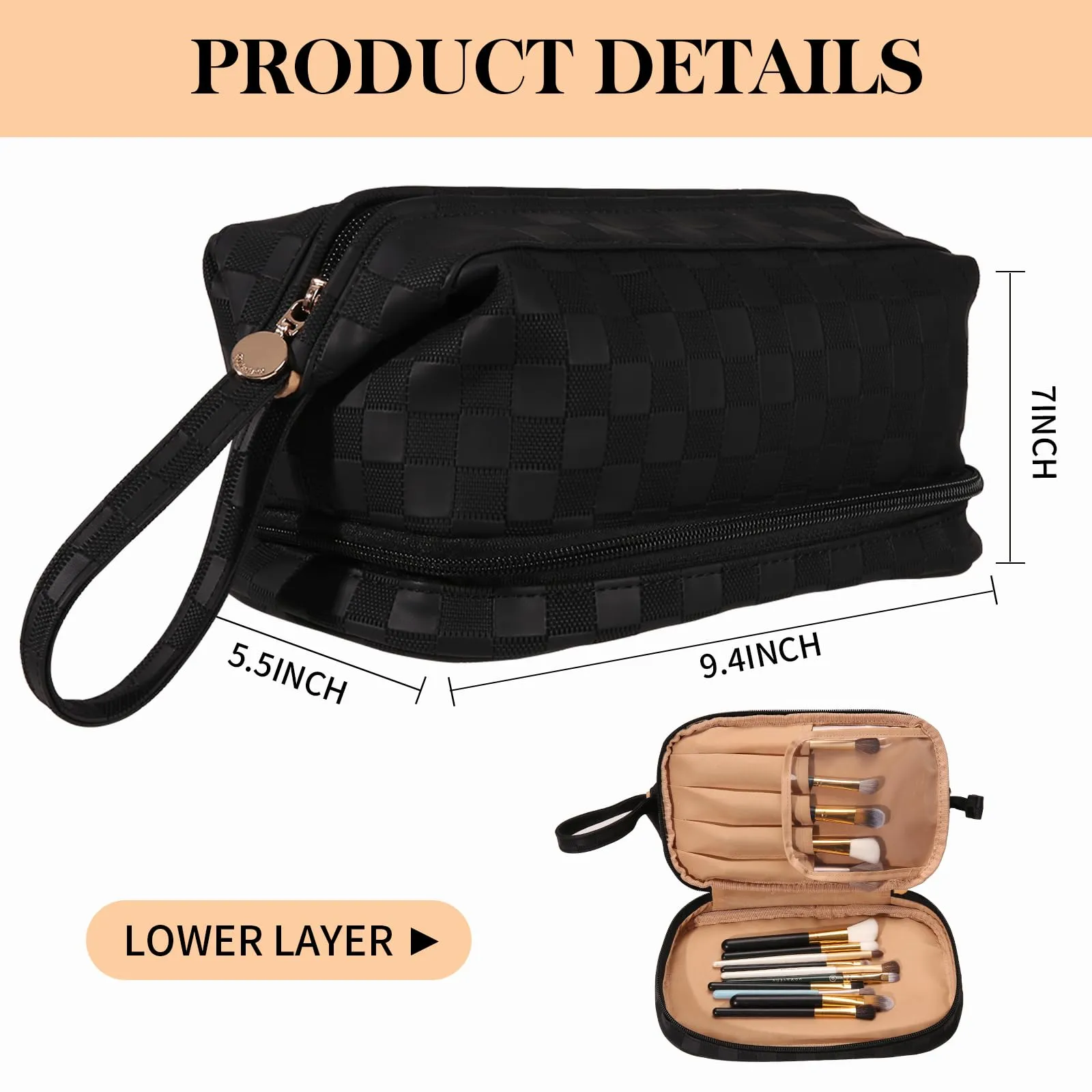 Abiudeng Large Makeup Bag,Waterproof Cosmetic Bag,Make up Travel Bag Essentials,Cute Travel Toiletry Bag for Women Makeup Bag Organizer with Bottom Pouch,Travel Size Toiletries Bag for Women-Black