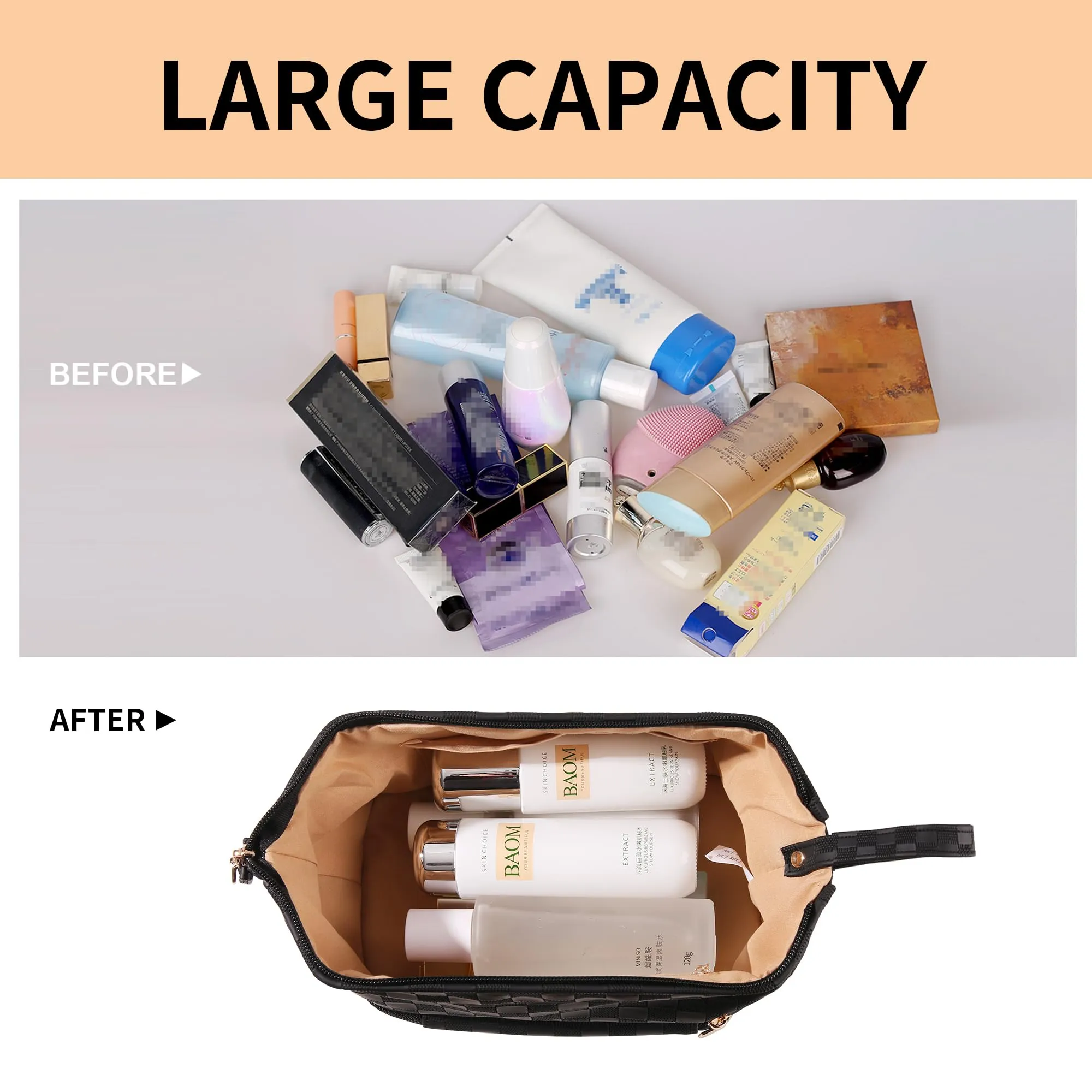 Abiudeng Large Makeup Bag,Waterproof Cosmetic Bag,Make up Travel Bag Essentials,Cute Travel Toiletry Bag for Women Makeup Bag Organizer with Bottom Pouch,Travel Size Toiletries Bag for Women-Black