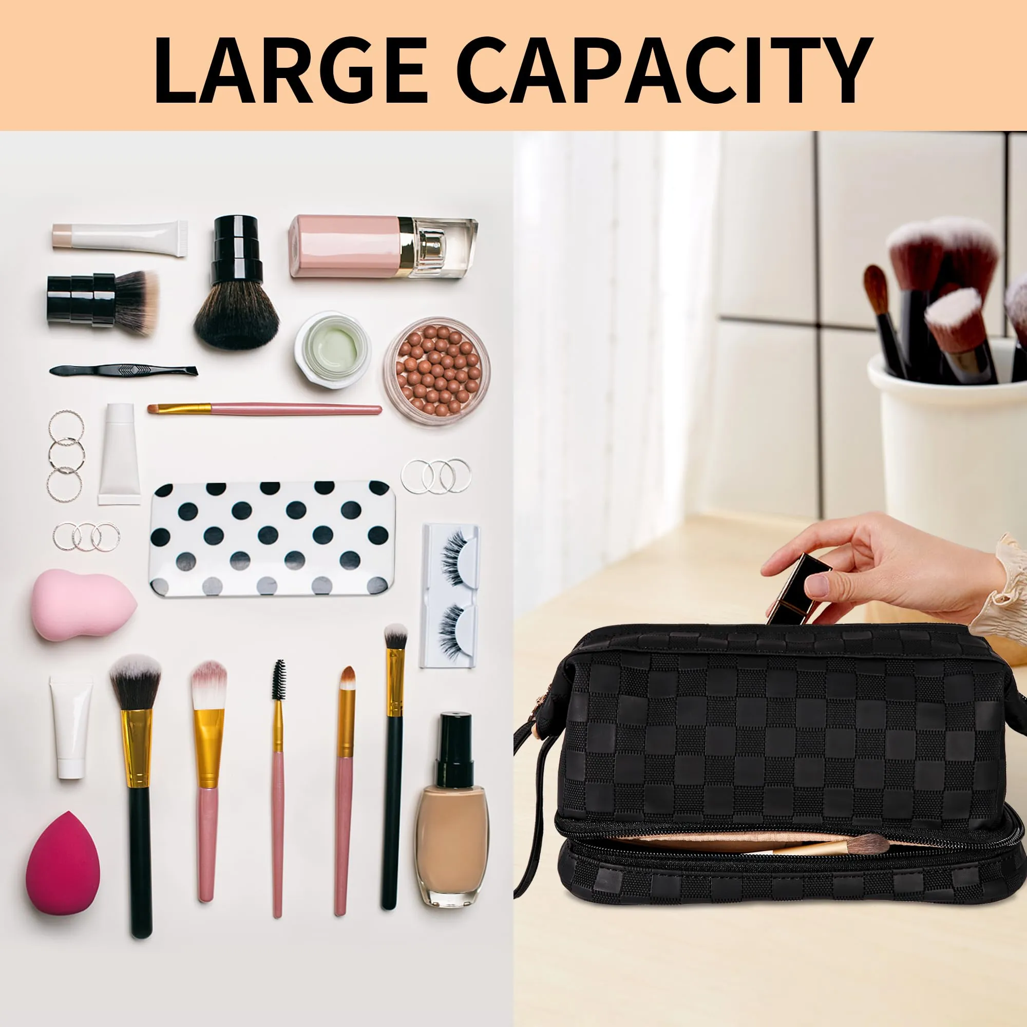 Abiudeng Large Makeup Bag,Waterproof Cosmetic Bag,Make up Travel Bag Essentials,Cute Travel Toiletry Bag for Women Makeup Bag Organizer with Bottom Pouch,Travel Size Toiletries Bag for Women-Black