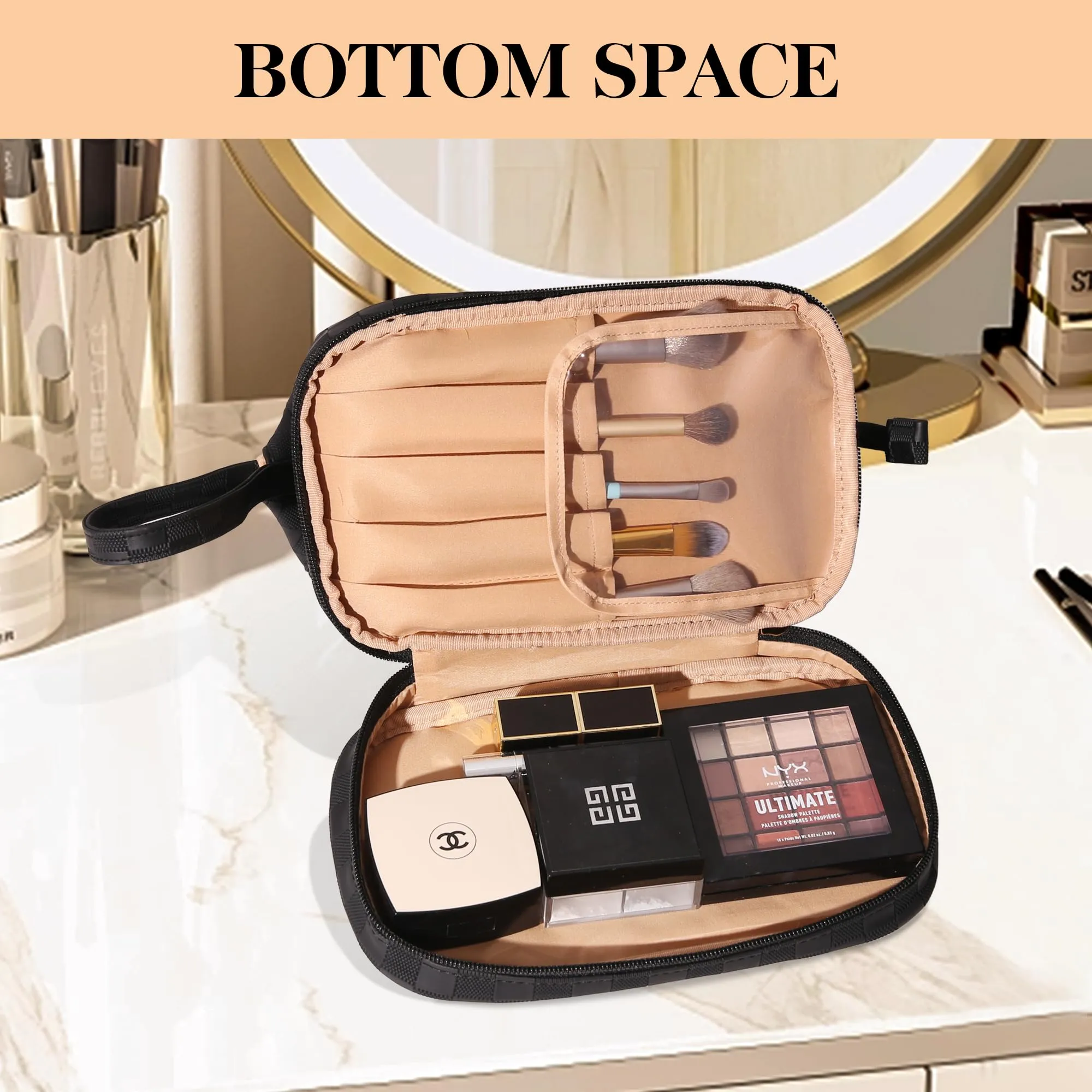 Abiudeng Large Makeup Bag,Waterproof Cosmetic Bag,Make up Travel Bag Essentials,Cute Travel Toiletry Bag for Women Makeup Bag Organizer with Bottom Pouch,Travel Size Toiletries Bag for Women-Black