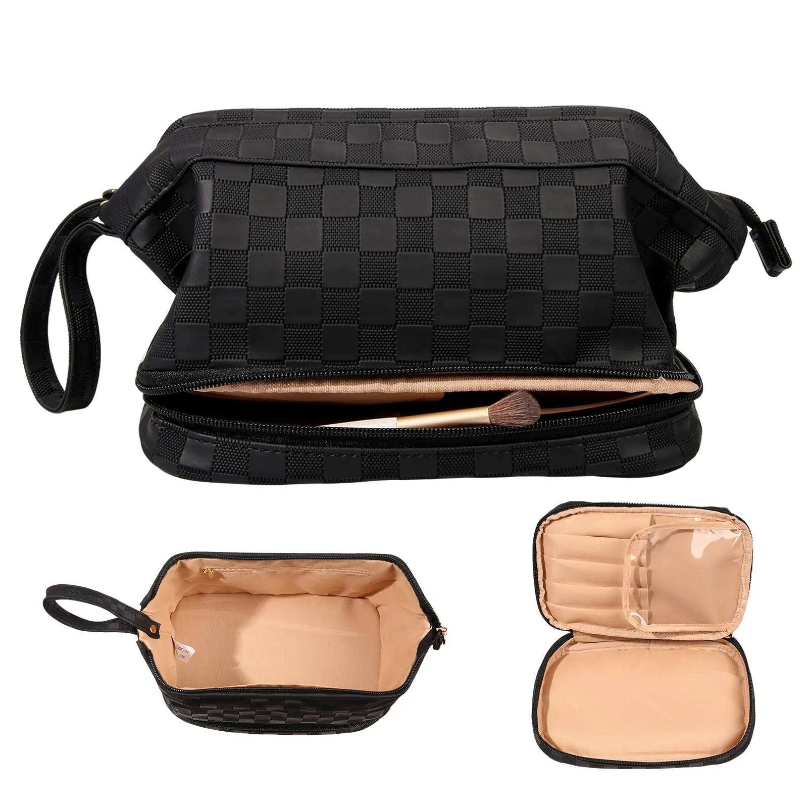 Abiudeng Large Makeup Bag,Waterproof Cosmetic Bag,Make up Travel Bag Essentials,Cute Travel Toiletry Bag for Women Makeup Bag Organizer with Bottom Pouch,Travel Size Toiletries Bag for Women-Black