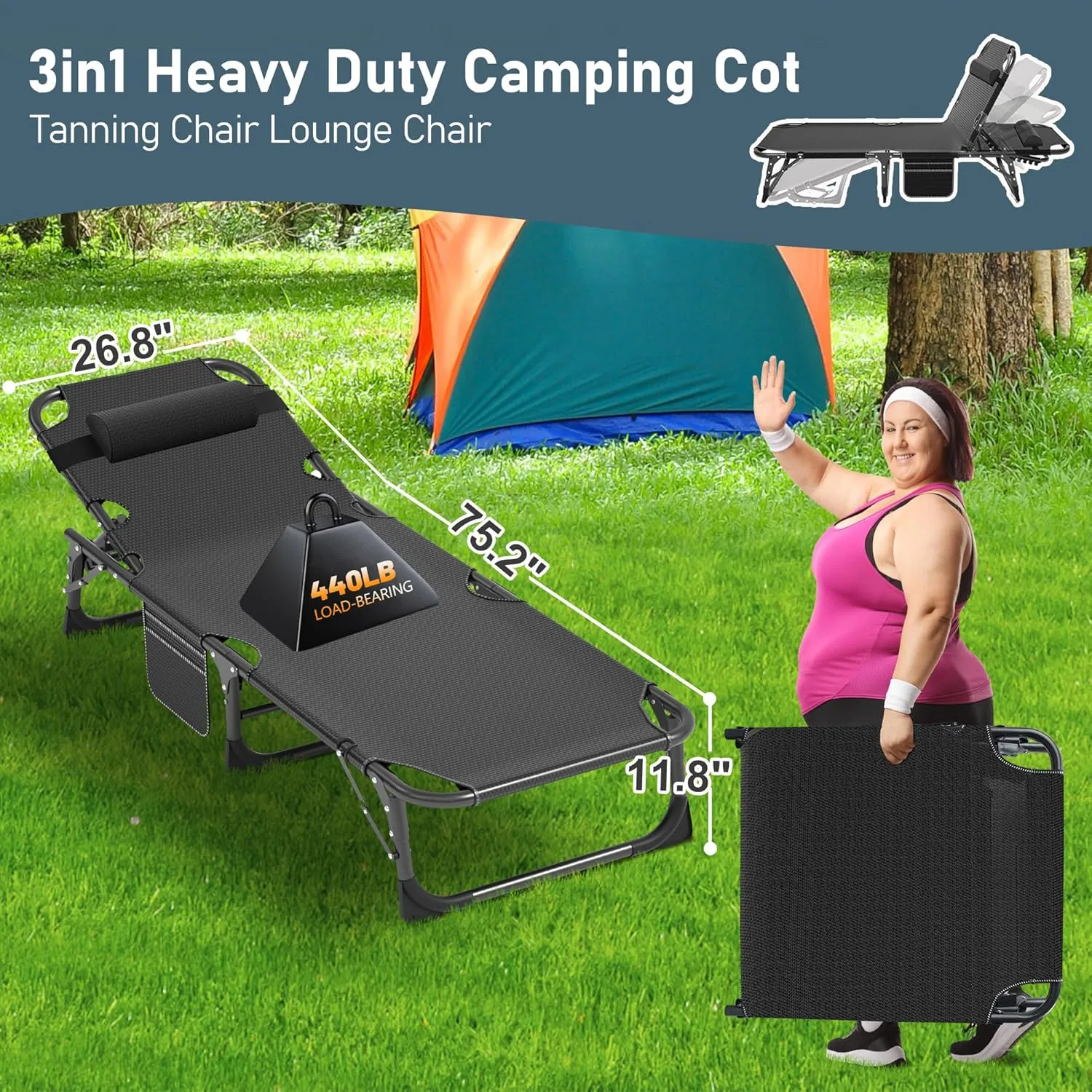 ABORON Folding Camping Cot for Adults, Heavy Duty 3-in-1 Bed for Guest Sleeping, Adjustable Double-Layer 1200D with Mattress & Carrying Bag for Home, Office, Vacation, Hospital Use