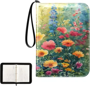 Abstract Colorful Wildflowers Collectible Trading Card Albums, Waterproof PU Card Collection Binder Fits 400 Cards with Removable Sleeves for Baseball Card, Football Card