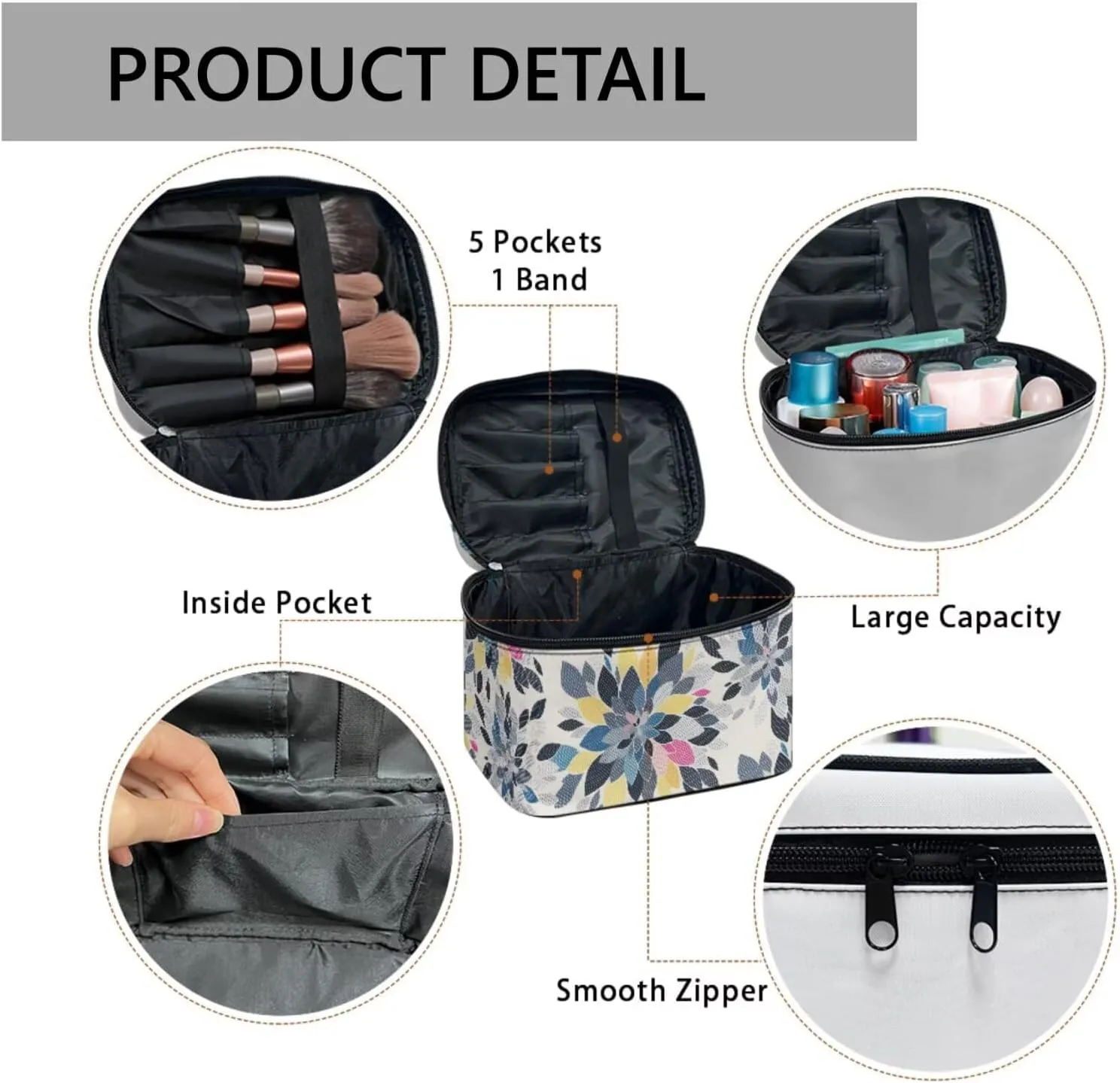 Abstract Dahlia Flowers Travel Makeup Bag for Women, Floral Large Capacity Makeup Bag Zipper Multi-function Cosmetic Travel Bag