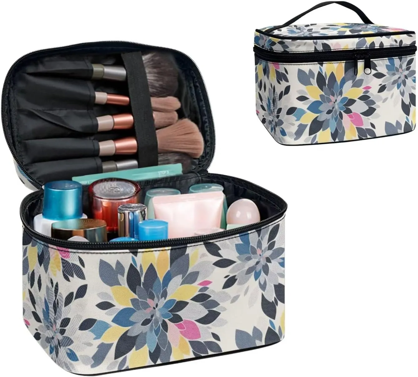 Abstract Dahlia Flowers Travel Makeup Bag for Women, Floral Large Capacity Makeup Bag Zipper Multi-function Cosmetic Travel Bag