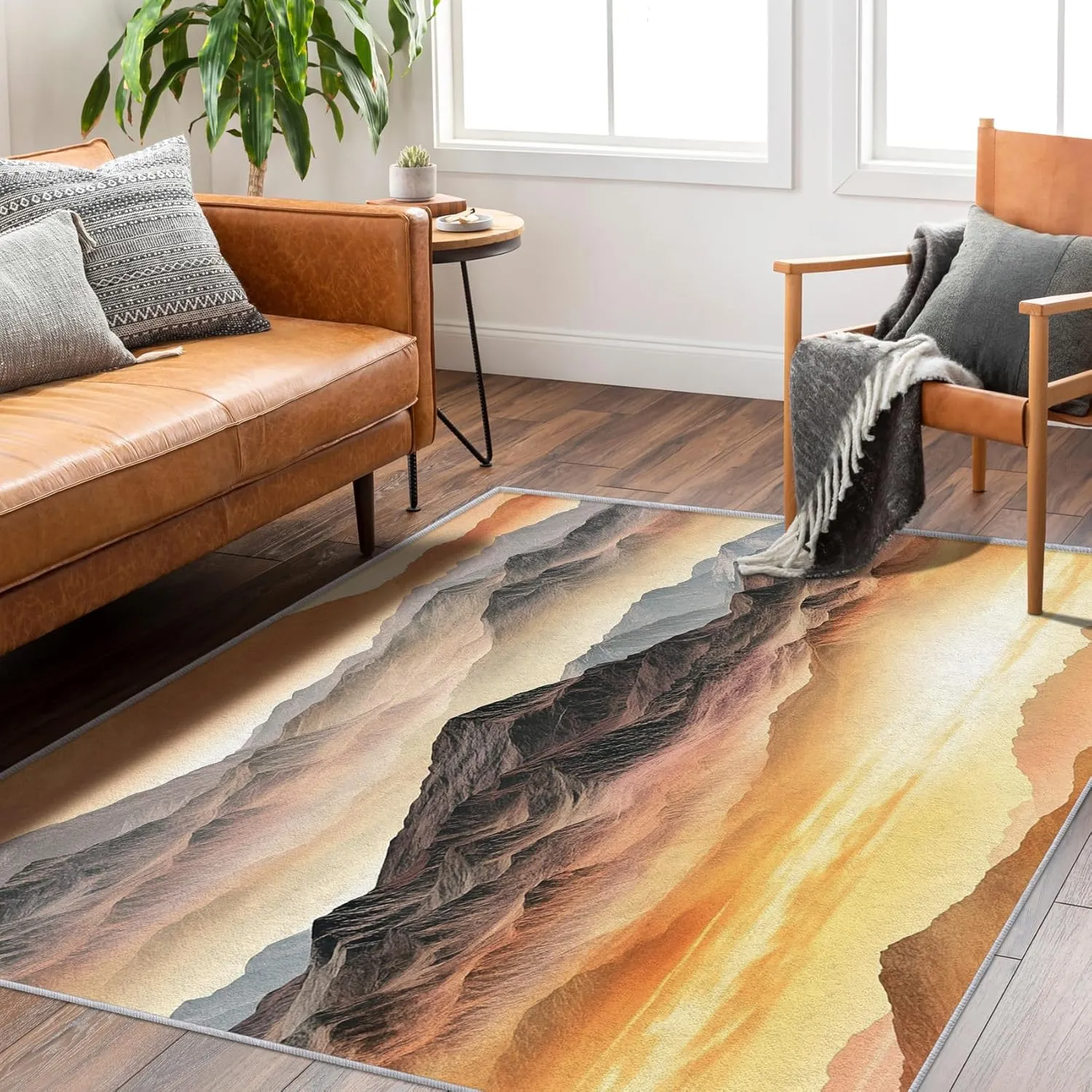 Abstract Mountain Rug 7x9, Nature Scenic Mountains Area Rug Washable, Art Landscape Rugs for Living Room, Bedroom, Mountain Pattern Carpet Home Decor, Non Slip