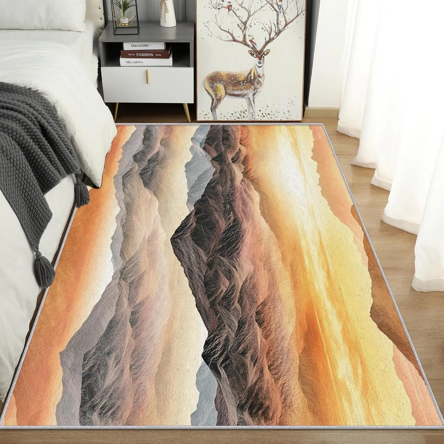 Abstract Mountain Rug 7x9, Nature Scenic Mountains Area Rug Washable, Art Landscape Rugs for Living Room, Bedroom, Mountain Pattern Carpet Home Decor, Non Slip