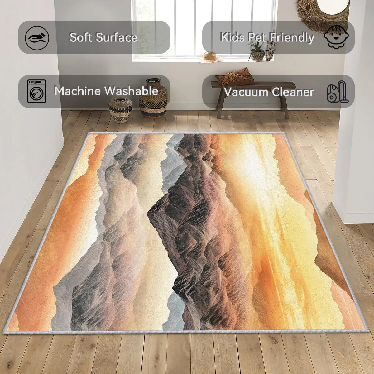 Abstract Mountain Rug 7x9, Nature Scenic Mountains Area Rug Washable, Art Landscape Rugs for Living Room, Bedroom, Mountain Pattern Carpet Home Decor, Non Slip