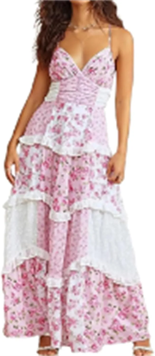 Adernlia Floral Maxi Dress Women Patchwork Floral Flowy Maxi Dress Y2k Spaghetti Strap V Neck Beach Dresses