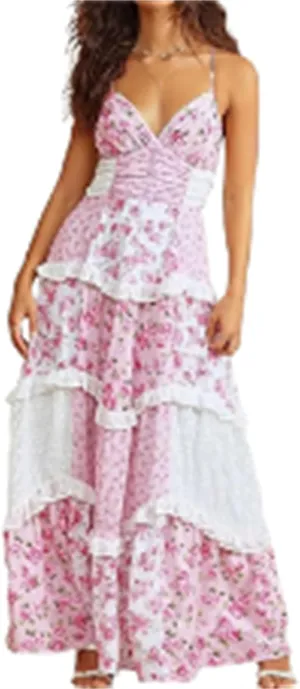 Adernlia Floral Maxi Dress Women Patchwork Floral Flowy Maxi Dress Y2k Spaghetti Strap V Neck Beach Dresses