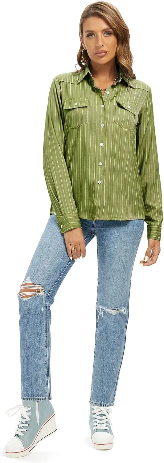 Aeslech Women's Chambray Button Down Shirt Long Sleeve Cotton Blouse Lightweight Denim Tops