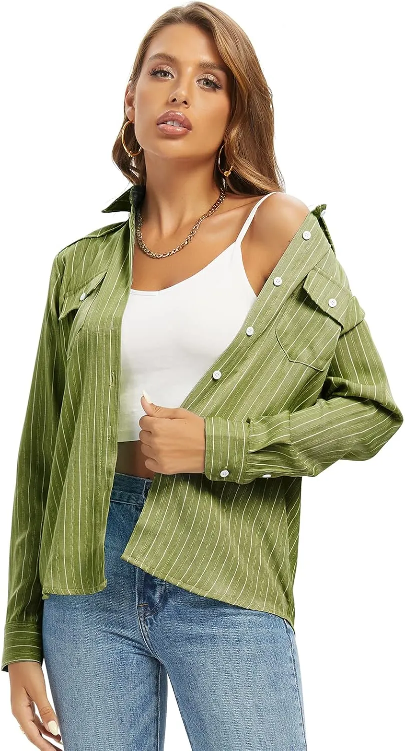 Aeslech Women's Chambray Button Down Shirt Long Sleeve Cotton Blouse Lightweight Denim Tops