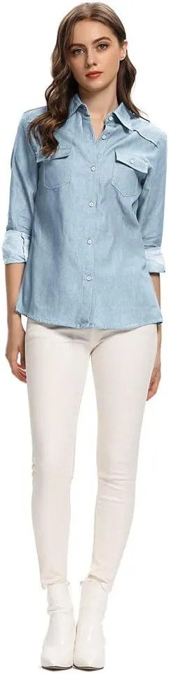 Aeslech Women's Chambray Button Down Shirt Long Sleeve Cotton Blouse Lightweight Denim Tops