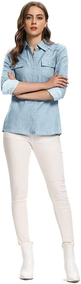 Aeslech Women's Chambray Button Down Shirt Long Sleeve Cotton Blouse Lightweight Denim Tops