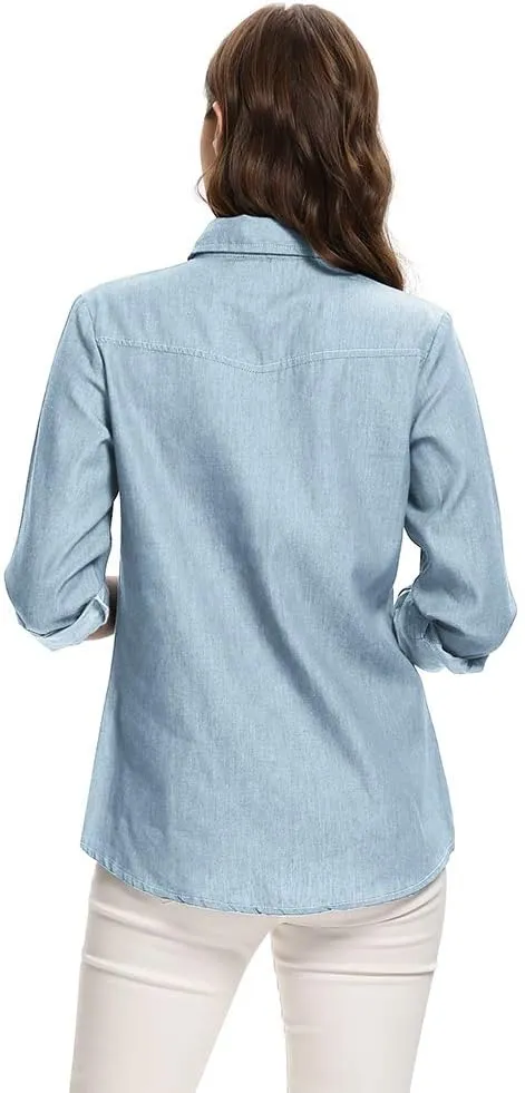 Aeslech Women's Chambray Button Down Shirt Long Sleeve Cotton Blouse Lightweight Denim Tops