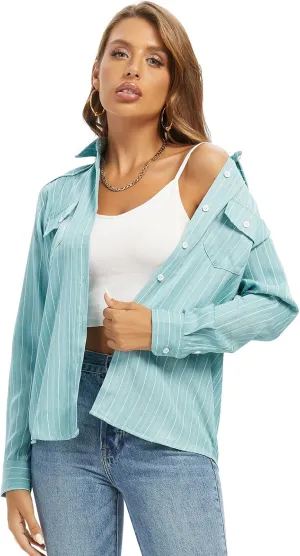 Aeslech Women's Chambray Button Down Shirt Long Sleeve Cotton Blouse Lightweight Denim Tops