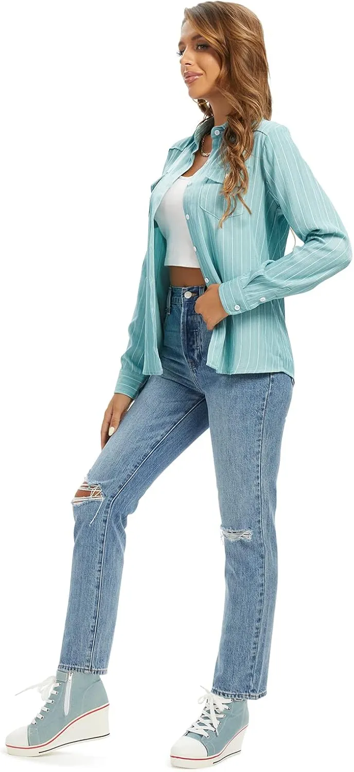 Aeslech Women's Chambray Button Down Shirt Long Sleeve Cotton Blouse Lightweight Denim Tops