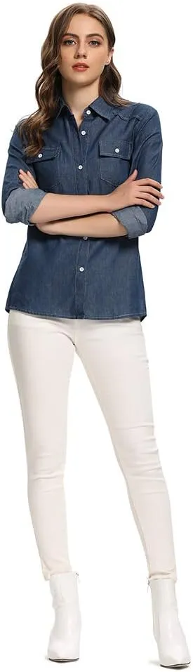 Aeslech Women's Chambray Button Down Shirt Long Sleeve Cotton Blouse Lightweight Denim Tops