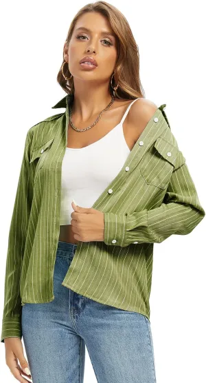 Aeslech Women's Chambray Button Down Shirt Long Sleeve Cotton Blouse Lightweight Denim Tops