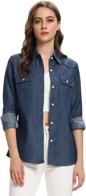 Aeslech Women's Chambray Button Down Shirt Long Sleeve Cotton Blouse Lightweight Denim Tops