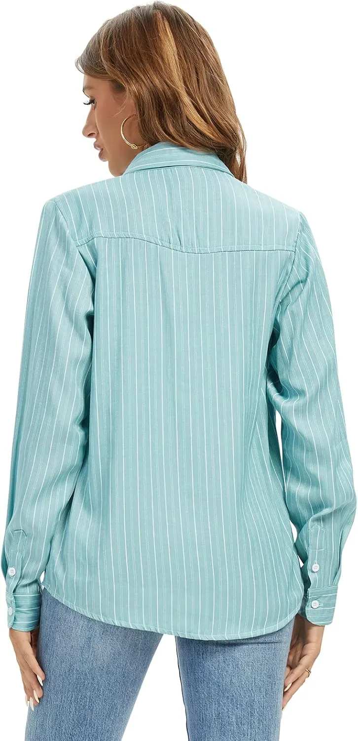 Aeslech Women's Chambray Button Down Shirt Long Sleeve Cotton Blouse Lightweight Denim Tops