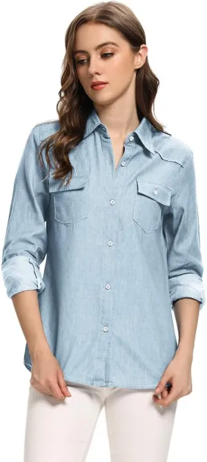 Aeslech Women's Chambray Button Down Shirt Long Sleeve Cotton Blouse Lightweight Denim Tops