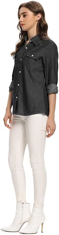 Aeslech Women's Chambray Button Down Shirt Long Sleeve Cotton Blouse Lightweight Denim Tops