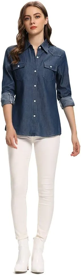 Aeslech Women's Chambray Button Down Shirt Long Sleeve Cotton Blouse Lightweight Denim Tops