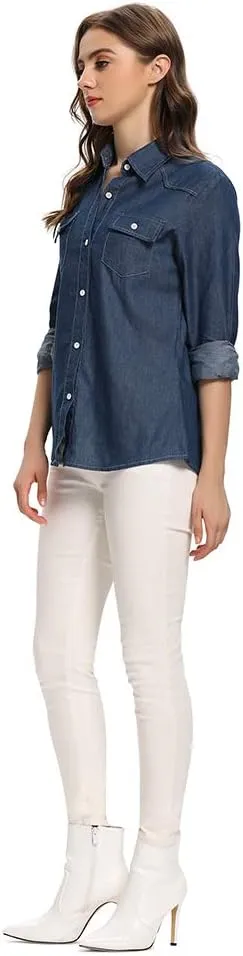 Aeslech Women's Chambray Button Down Shirt Long Sleeve Cotton Blouse Lightweight Denim Tops