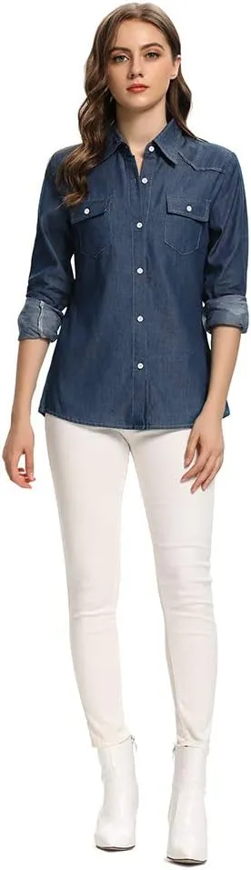 Aeslech Women's Chambray Button Down Shirt Long Sleeve Cotton Blouse Lightweight Denim Tops