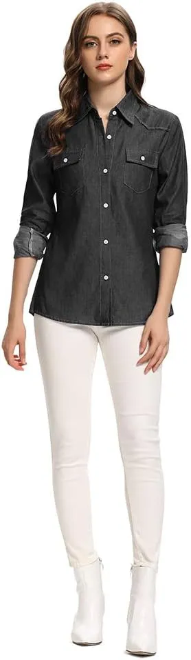 Aeslech Women's Chambray Button Down Shirt Long Sleeve Cotton Blouse Lightweight Denim Tops