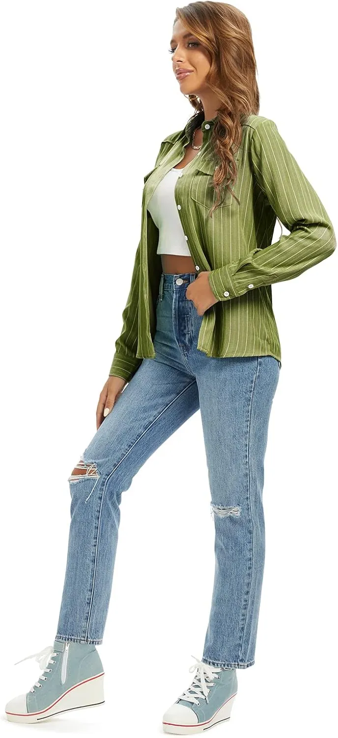 Aeslech Women's Chambray Button Down Shirt Long Sleeve Cotton Blouse Lightweight Denim Tops