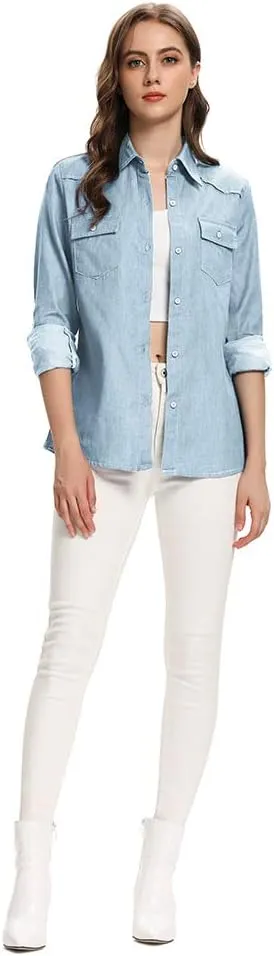 Aeslech Women's Chambray Button Down Shirt Long Sleeve Cotton Blouse Lightweight Denim Tops