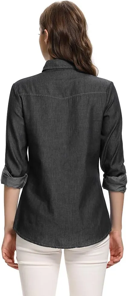 Aeslech Women's Chambray Button Down Shirt Long Sleeve Cotton Blouse Lightweight Denim Tops