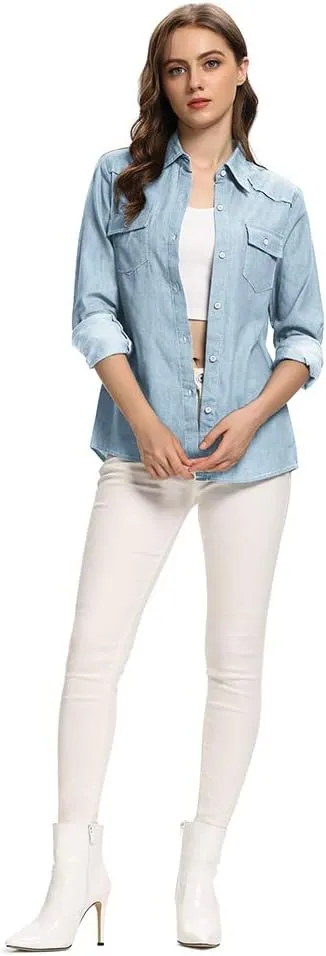 Aeslech Women's Chambray Button Down Shirt Long Sleeve Cotton Blouse Lightweight Denim Tops