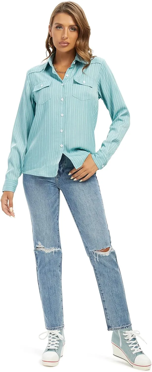Aeslech Women's Chambray Button Down Shirt Long Sleeve Cotton Blouse Lightweight Denim Tops