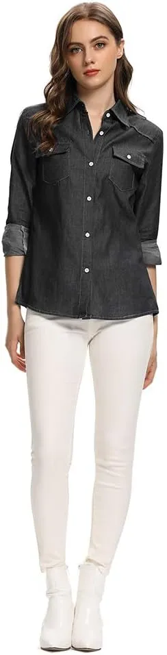 Aeslech Women's Chambray Button Down Shirt Long Sleeve Cotton Blouse Lightweight Denim Tops