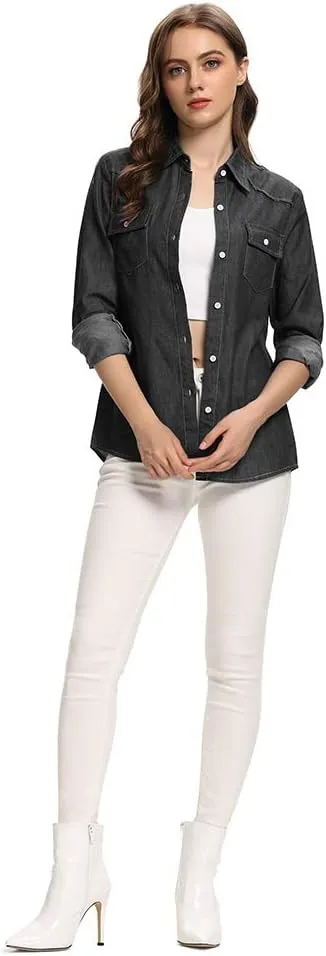 Aeslech Women's Chambray Button Down Shirt Long Sleeve Cotton Blouse Lightweight Denim Tops