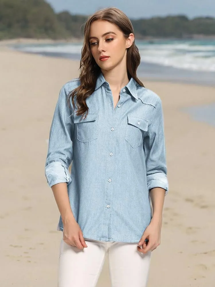 Aeslech Women's Chambray Button Down Shirt Long Sleeve Cotton Blouse Lightweight Denim Tops