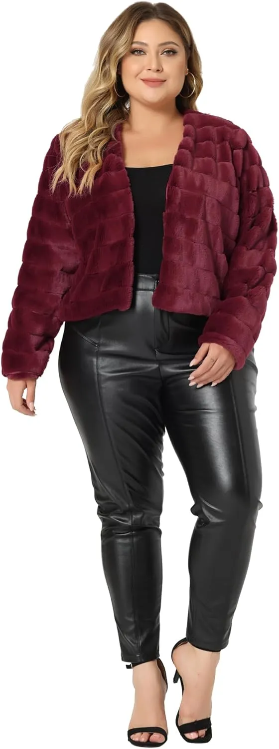 Agnes Orinda Plus Size Faux Fur Jacket for Women Open Front Collarless Wedding Formal Cropped Faux Fur Winter Jackets