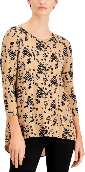 ALFANI Womens Beige Woven-back Knit Printed 3/4 Sleeve Scoop Neck Hi-Lo Top S