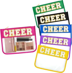 Aliceset 6 Pcs Cheer Chenille Letter Preppy Patch Makeup Snack Bags,Gift for Women Waterproof PVC Cosmetic Organizer Storage,Flat Clear Portable Toiletry Zipper Pouch(Bright Color)