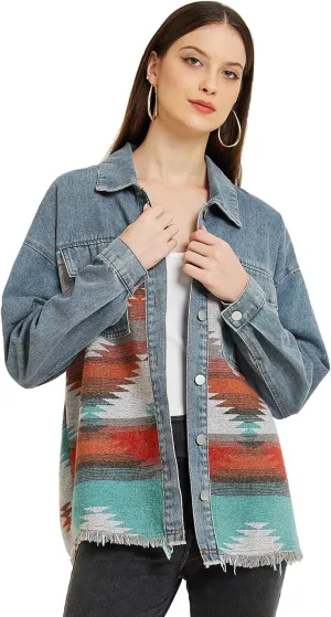 Allegra K Women's Denim Jacket Lapel Long Sleeve Vintage Shacket